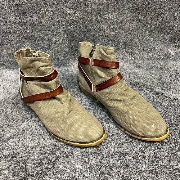 Blowfish Boot Ankle Brown Burlap Canvas Leather Strap Zip Women’s Size 10 - Picture 15 of 15